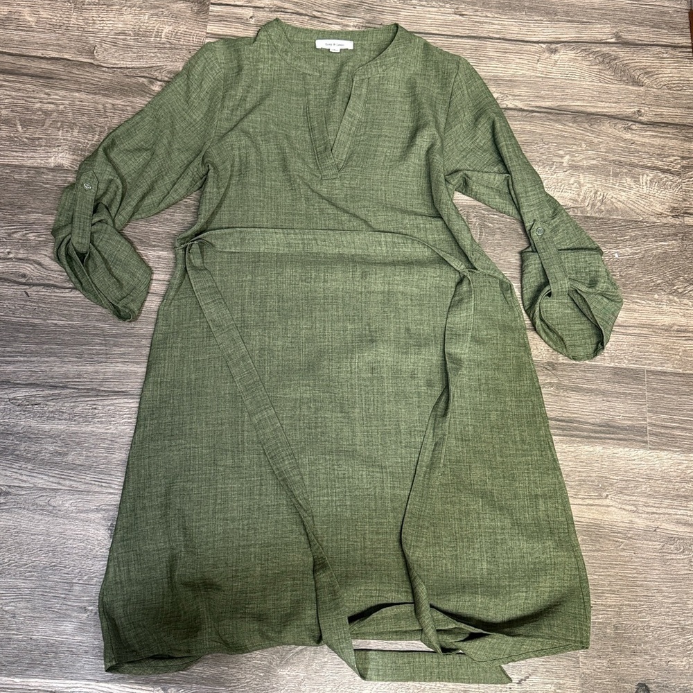 V-Neck Wrap Midi Dress with Tie Belt in Olive Green - Picture 4 of 9